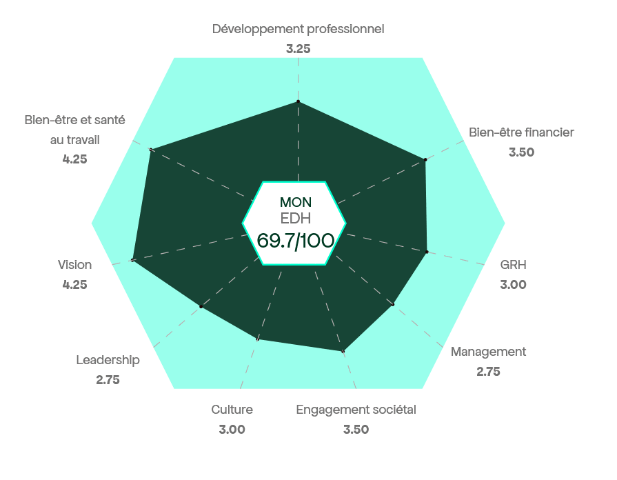 Empreinte Développement Humain d’une organisation, avec une note par critère et un score global de 69,7 sur 100.